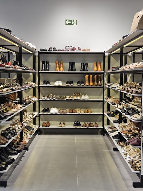 Explore a well-organized shoe store aisle displaying various styles and sizes of modern footwear on shelves.
